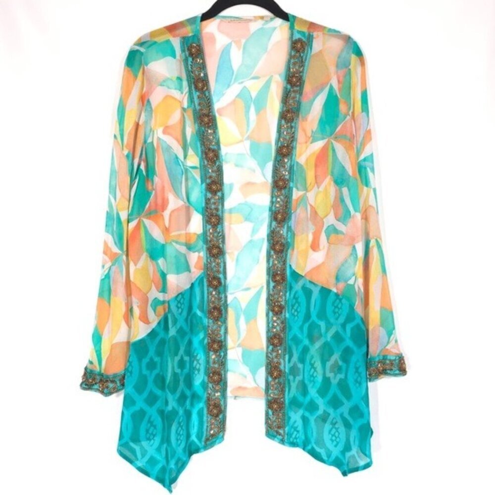 Soft Surroundings Beaded Sheer Cardigan Viscose‎ Women MEDIUM Green Orange 2FJ79